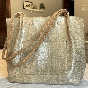 NWOT Sondra Roberts Squared Shoulder Purse Silvery-Gold Metallic and Beige